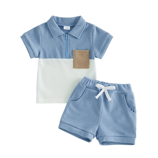 Waffle-pattern Set Lapel-zip Top And Shorts