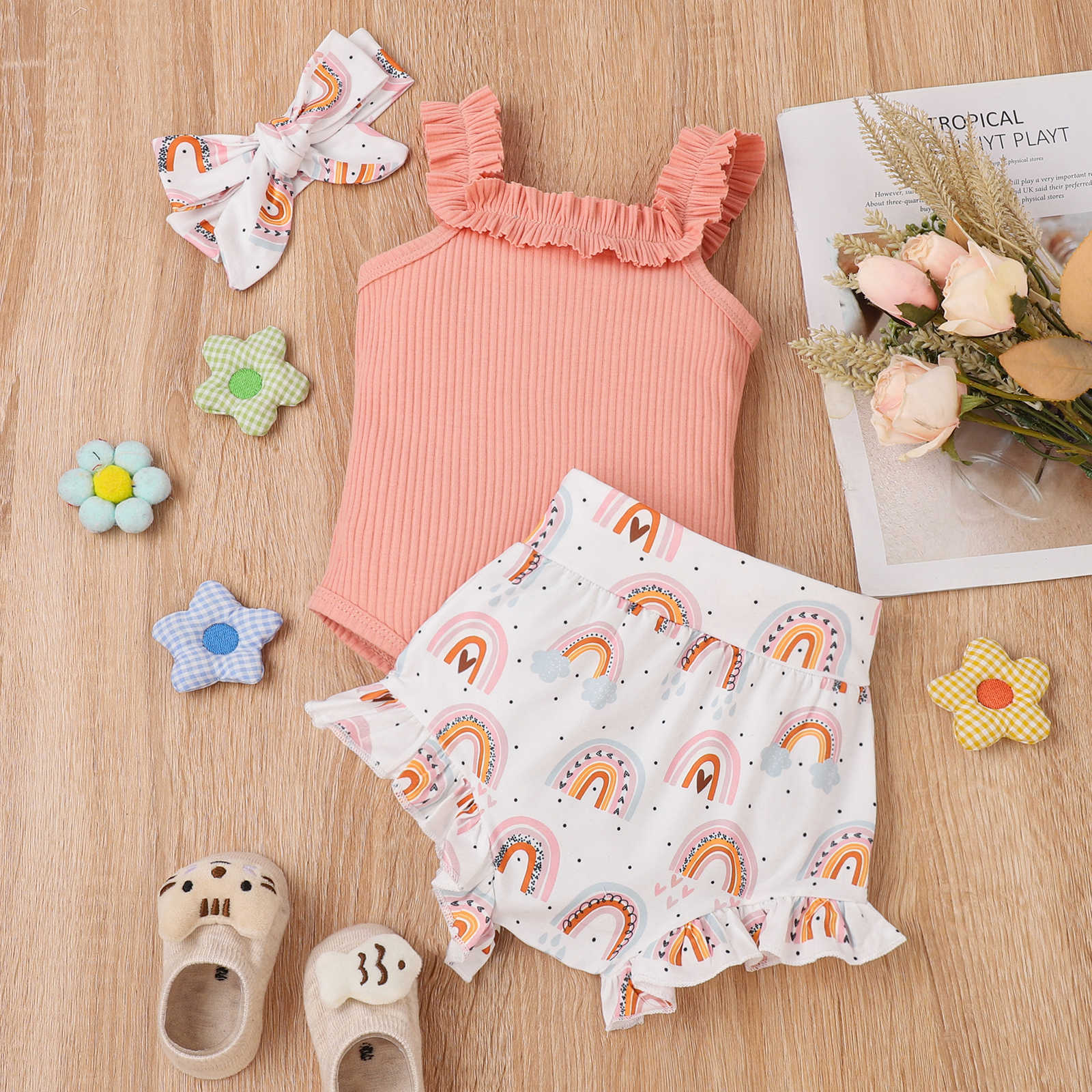 Girls' Fashion Sling Pit Striped Harness Printed Shorts Set