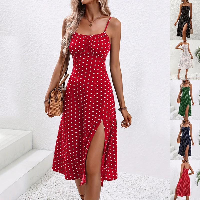 Polka Dot Suspender Dress Summer Split Long Women Fashion