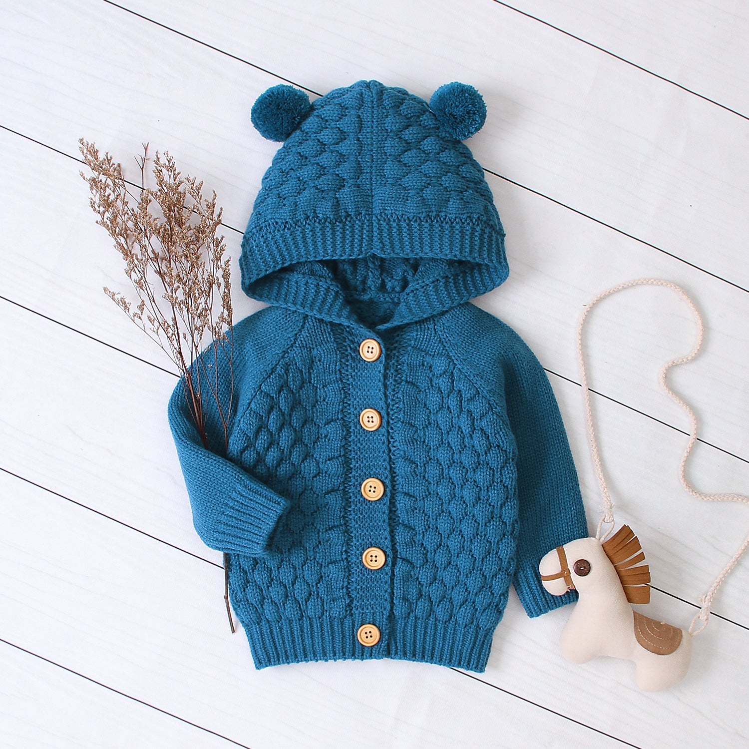 Wool ball hooded knitted jacket