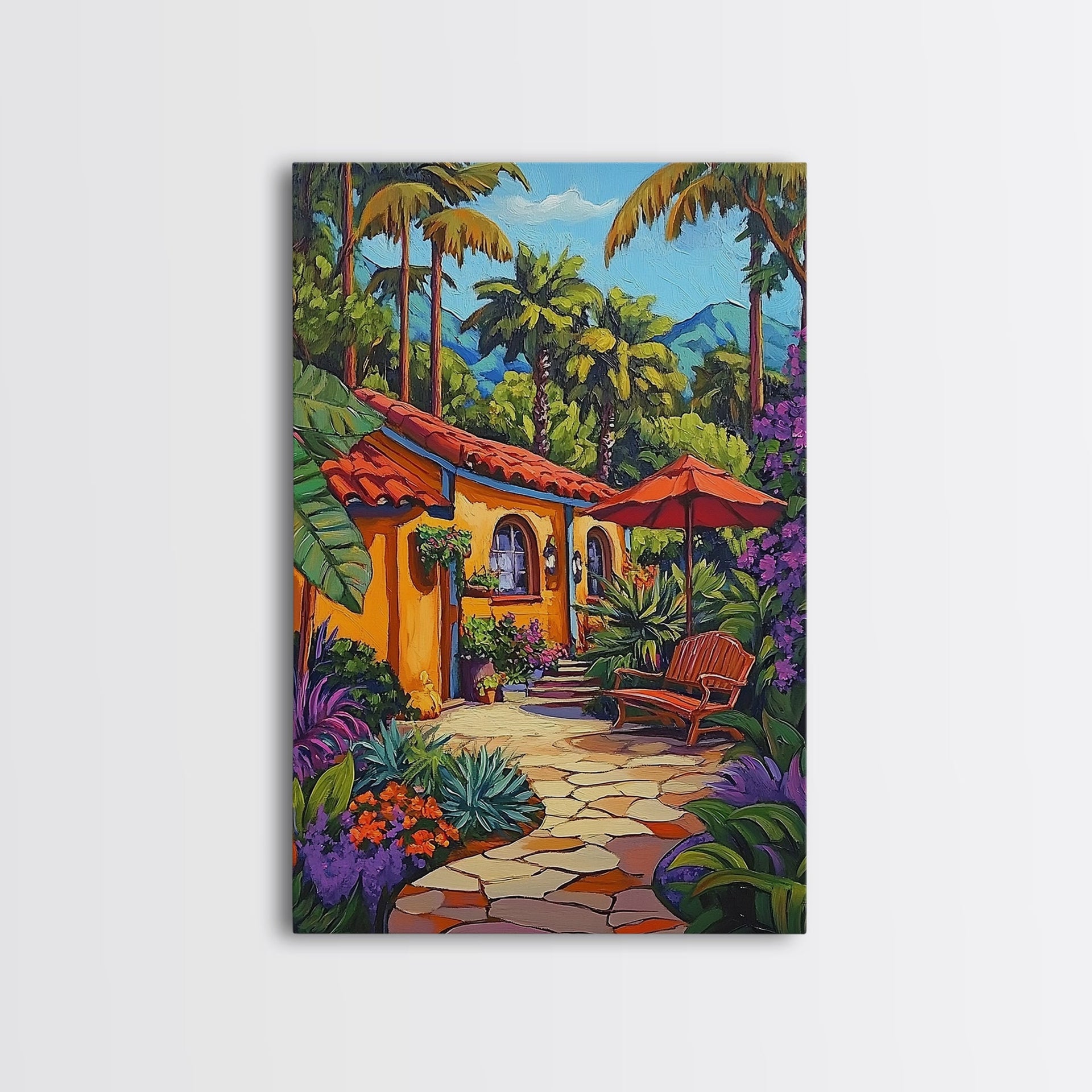 Tropical Courtyard, Retreat, Pathway, Framed Canvas Print, vibrant tropical patio scene, colorful garden art, Spanish boho home decor