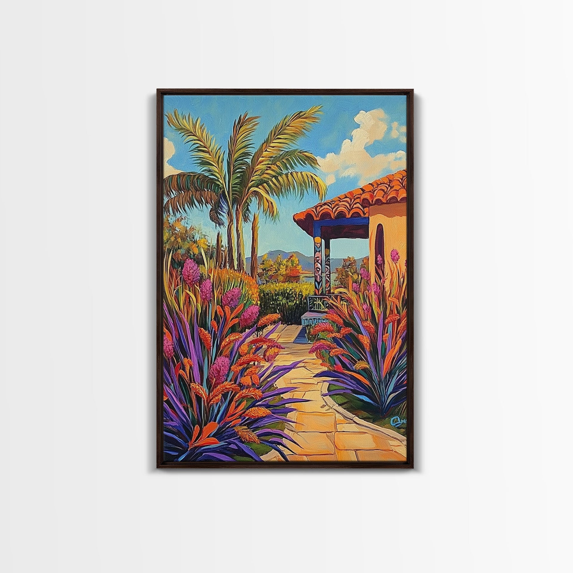 Tropical Path, Palm Trees, Garden Walkway, Vibrant Flora, Framed Canvas Print patio decor, vacation home wall art, coastal impressionist