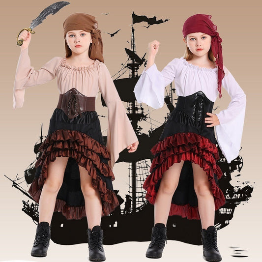 Halloween Retro Front Short Back Long Irregular Ruffled High Waist Dress Up