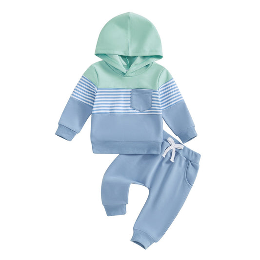 Casual Color Matching Hooded Long Sleeve Sweater Trousers Suit
