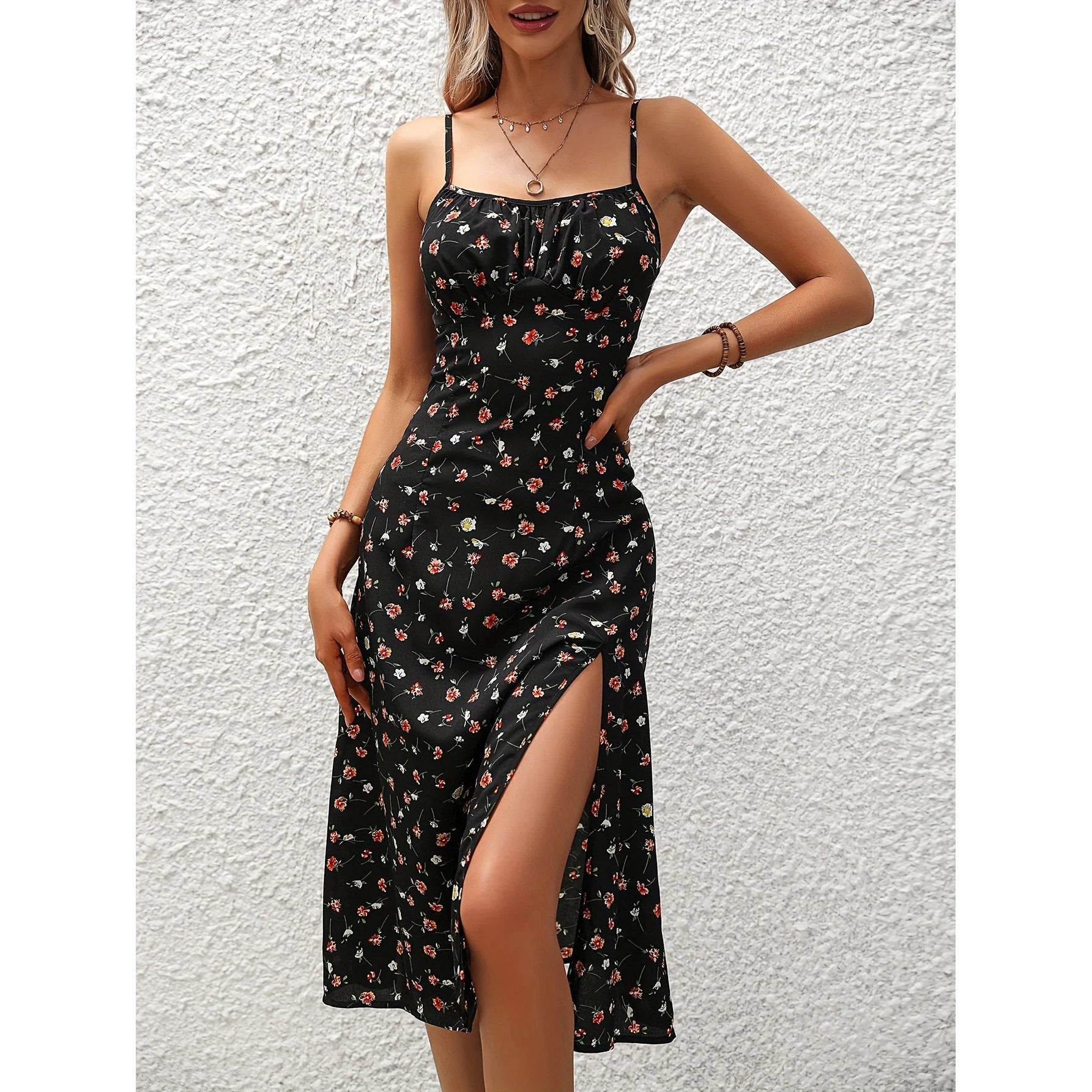 Polka Dot Suspender Dress Summer Split Long Women Fashion
