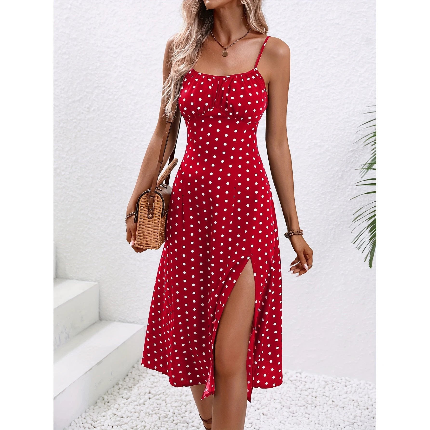 Polka Dot Suspender Dress Summer Split Long Women Fashion