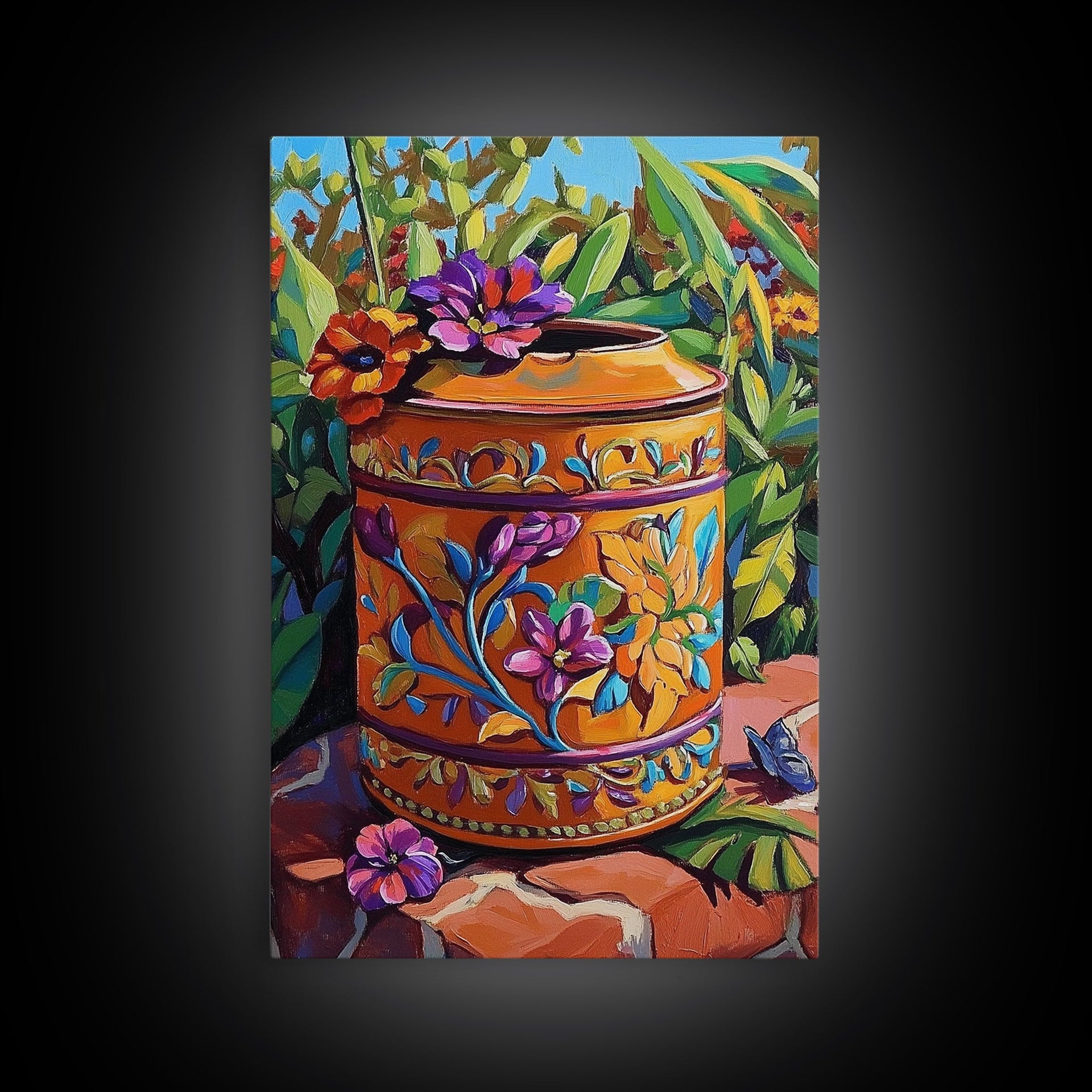Floral Pot Still Life, Garden Patio Art, Colorful Ceramic Design, Framed Canvas Print, Kitchen Wall Art, Bohemian Home Style