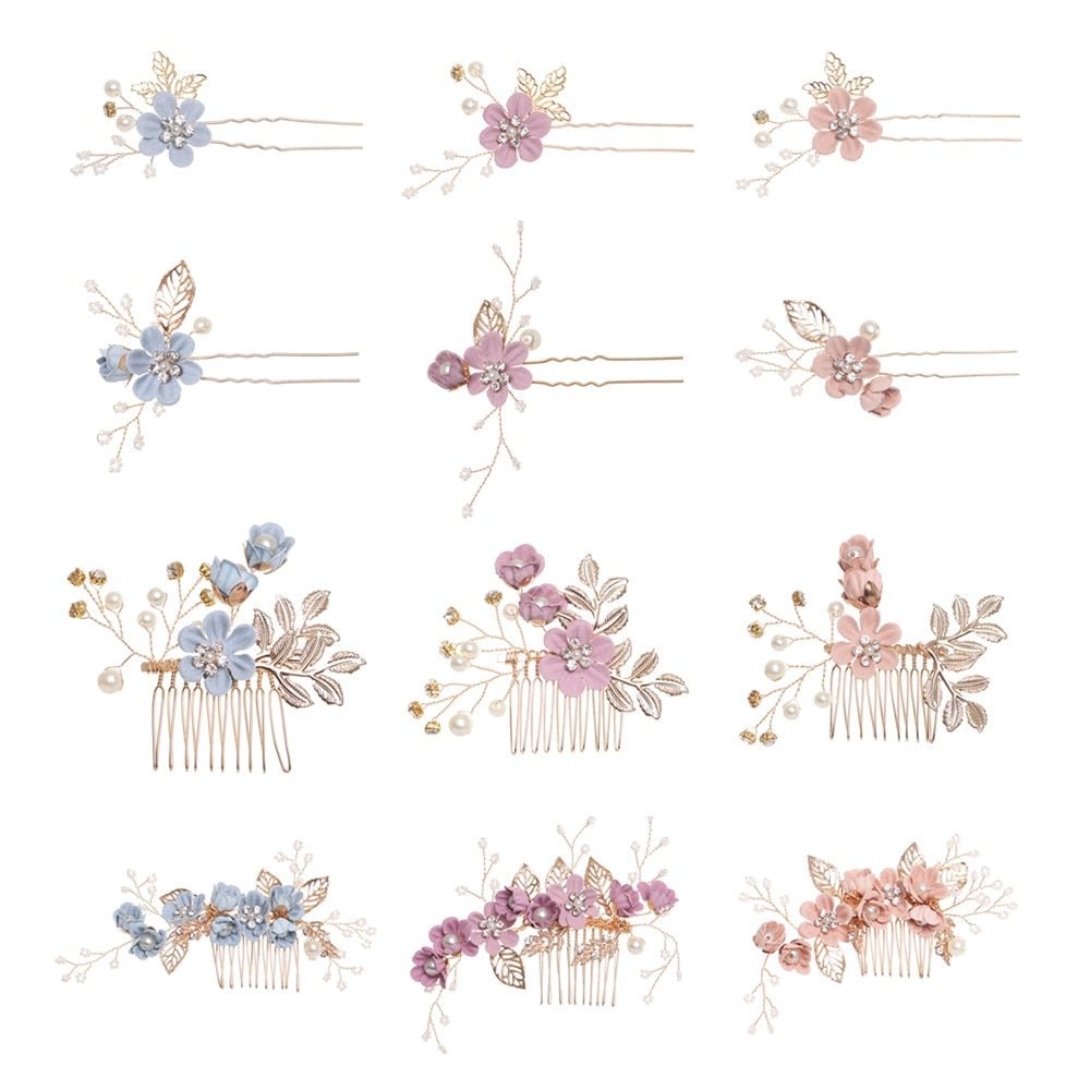 Luxury Blue Flower Hair Combs Headdress Prom Bridal Wedding Hair Accessories Gold Leaves Hair Jewelry Hair Pins