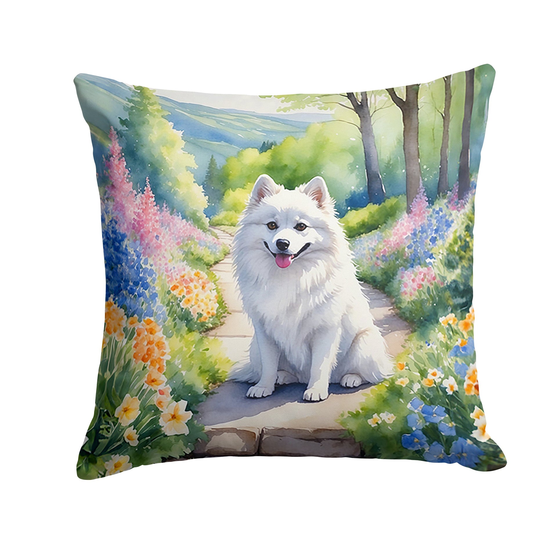 American Eskimo Spring Garden Throw Pillow - 14x14 Decorative Pillow – Art for Your Home & Patio