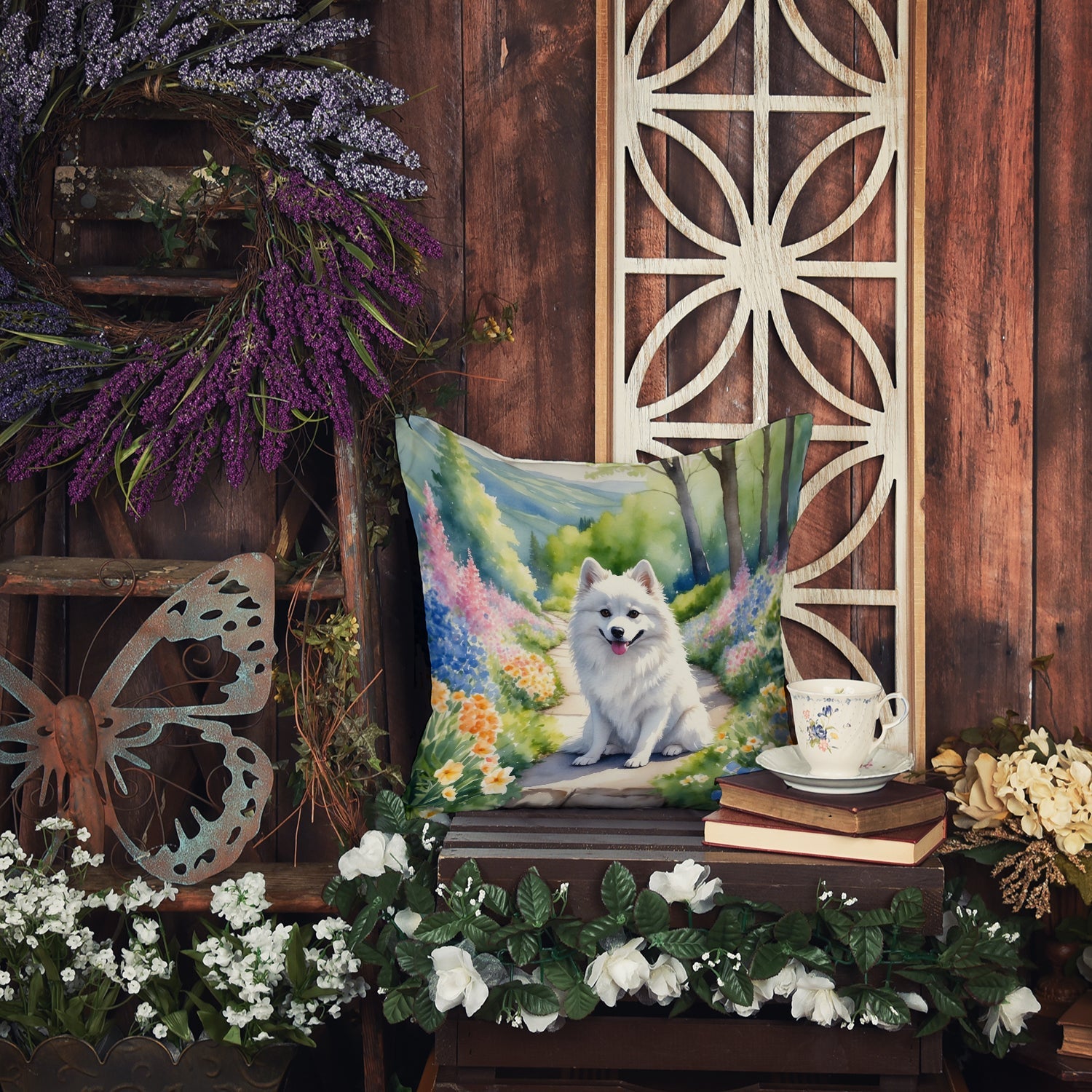 American Eskimo Spring Garden Throw Pillow - 14x14 Decorative Pillow – Art for Your Home & Patio