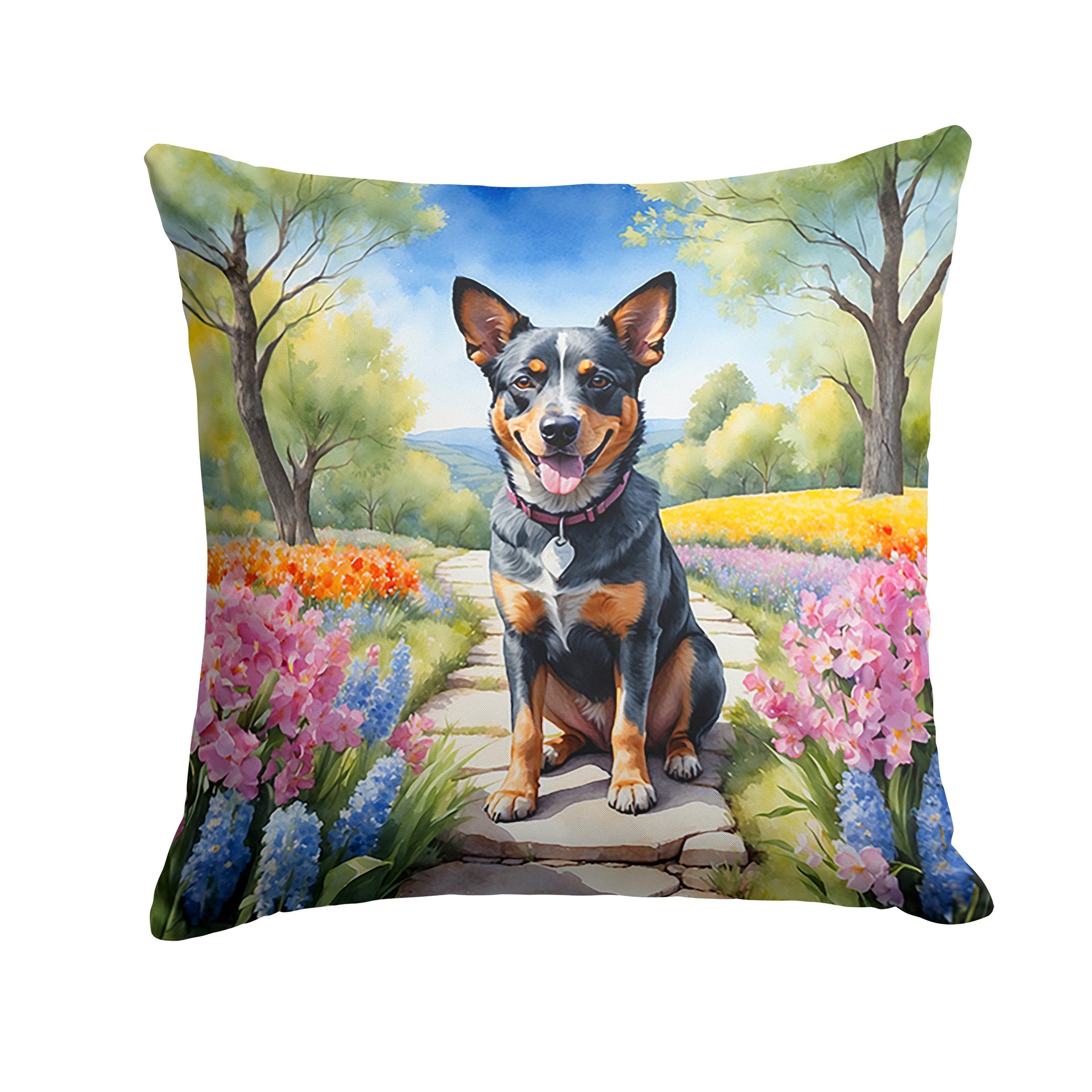 Australian Cattle Dog Spring Garden Throw Pillow - 14x14 Decorative Pillow – Art for Your Home & Patio