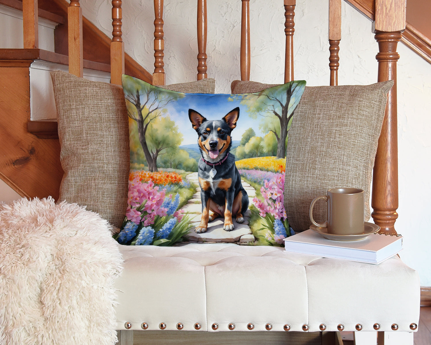 Australian Cattle Dog Spring Garden Throw Pillow - 14x14 Decorative Pillow – Art for Your Home & Patio