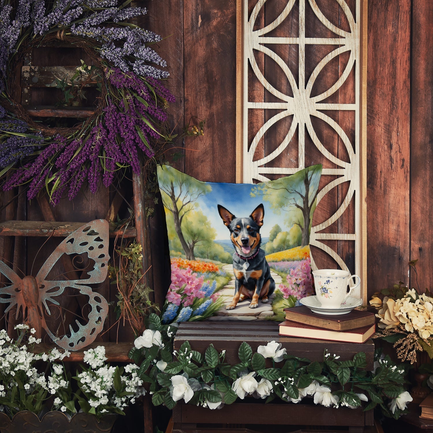 Australian Cattle Dog Spring Garden Throw Pillow - 14x14 Decorative Pillow – Art for Your Home & Patio