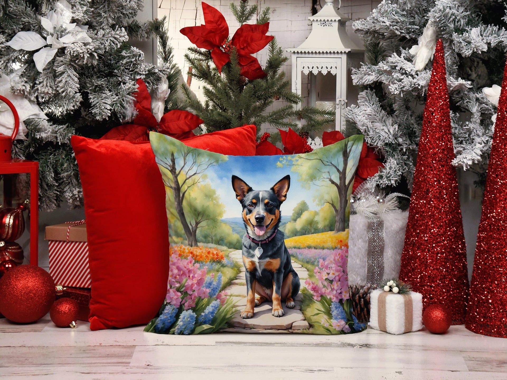 Australian Cattle Dog Spring Garden Throw Pillow - 14x14 Decorative Pillow – Art for Your Home & Patio