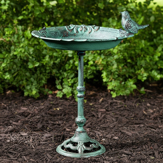 Pedestal Bird Bath with Bird, Green Patina Cast Iron Garden Decor