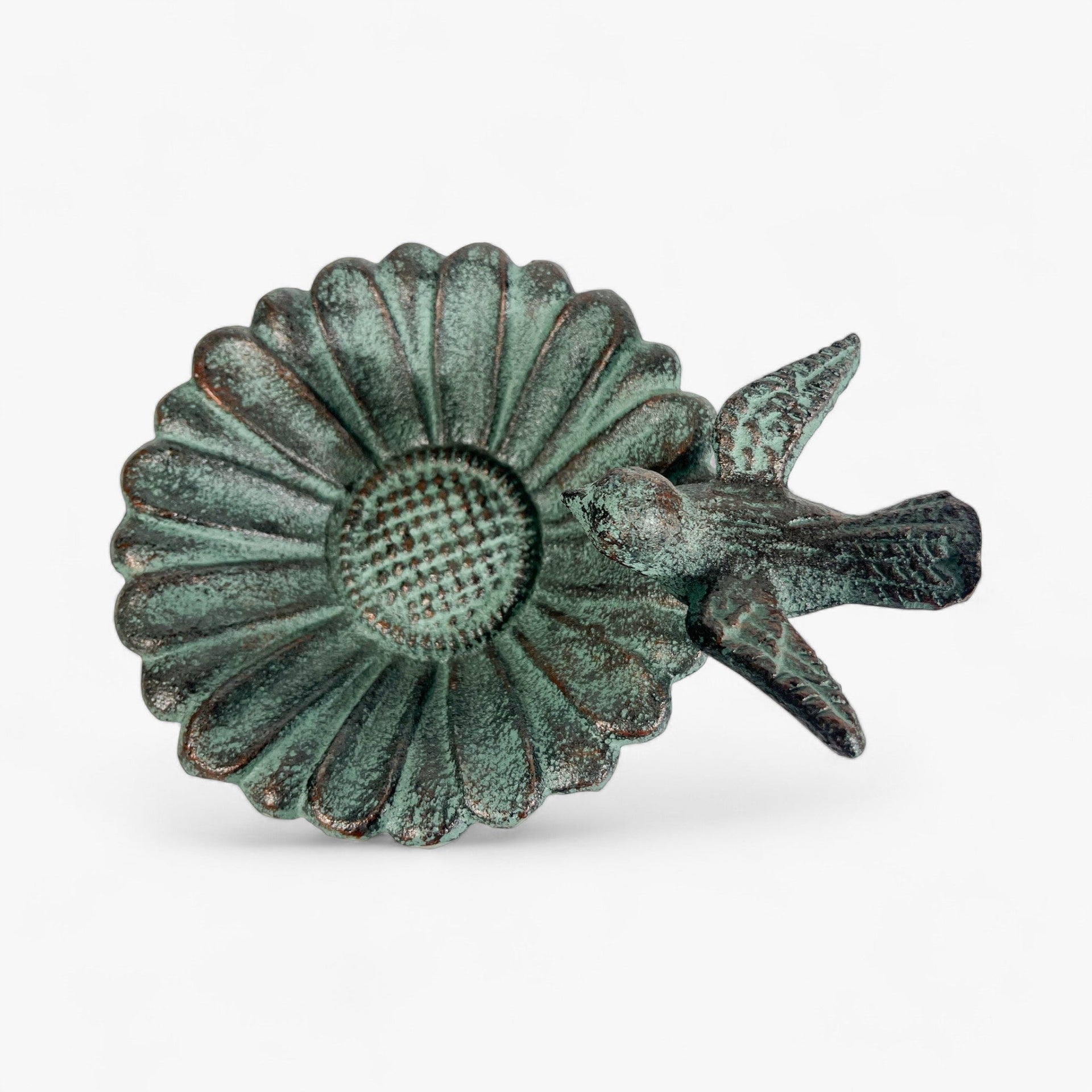 Sunflower Bird Bath and Feeder, Verdigris Cast Iron Pedestal