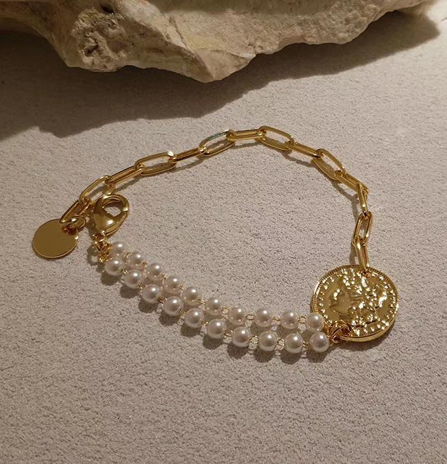 New Handmade Imitation Pearls Gold Metal Link Chain Bracelets for Women Girl Summer Party Luxury Jewelry Gift