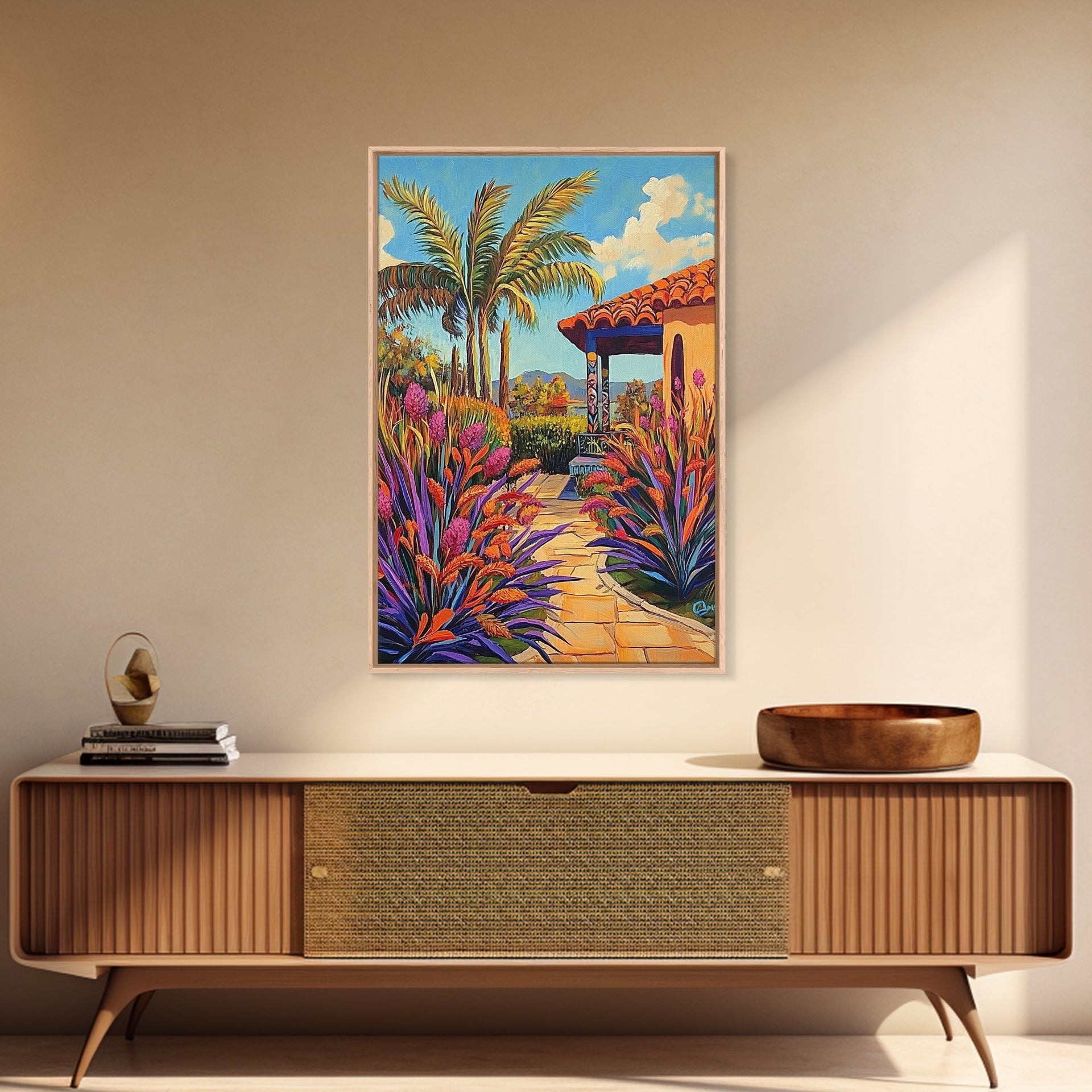 Tropical Path, Palm Trees, Garden Walkway, Vibrant Flora, Framed Canvas Print patio decor, vacation home wall art, coastal impressionist