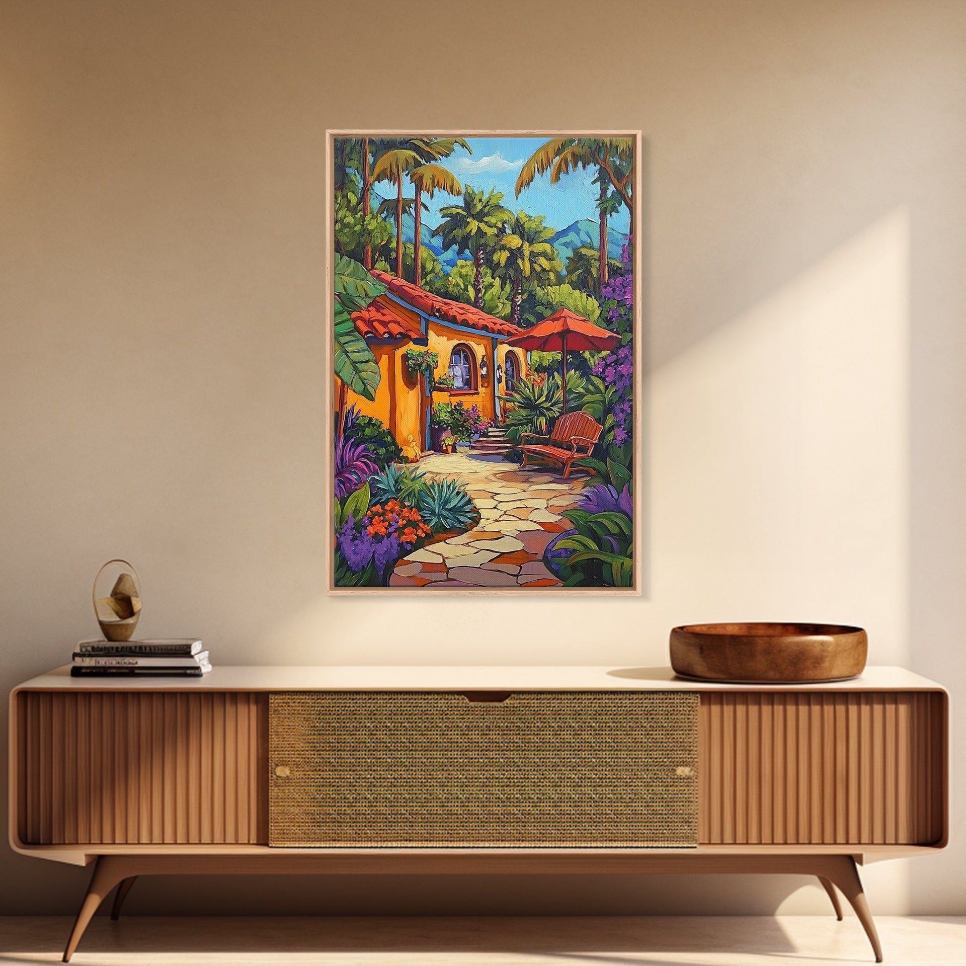 Tropical Courtyard, Retreat, Pathway, Framed Canvas Print, vibrant tropical patio scene, colorful garden art, Spanish boho home decor