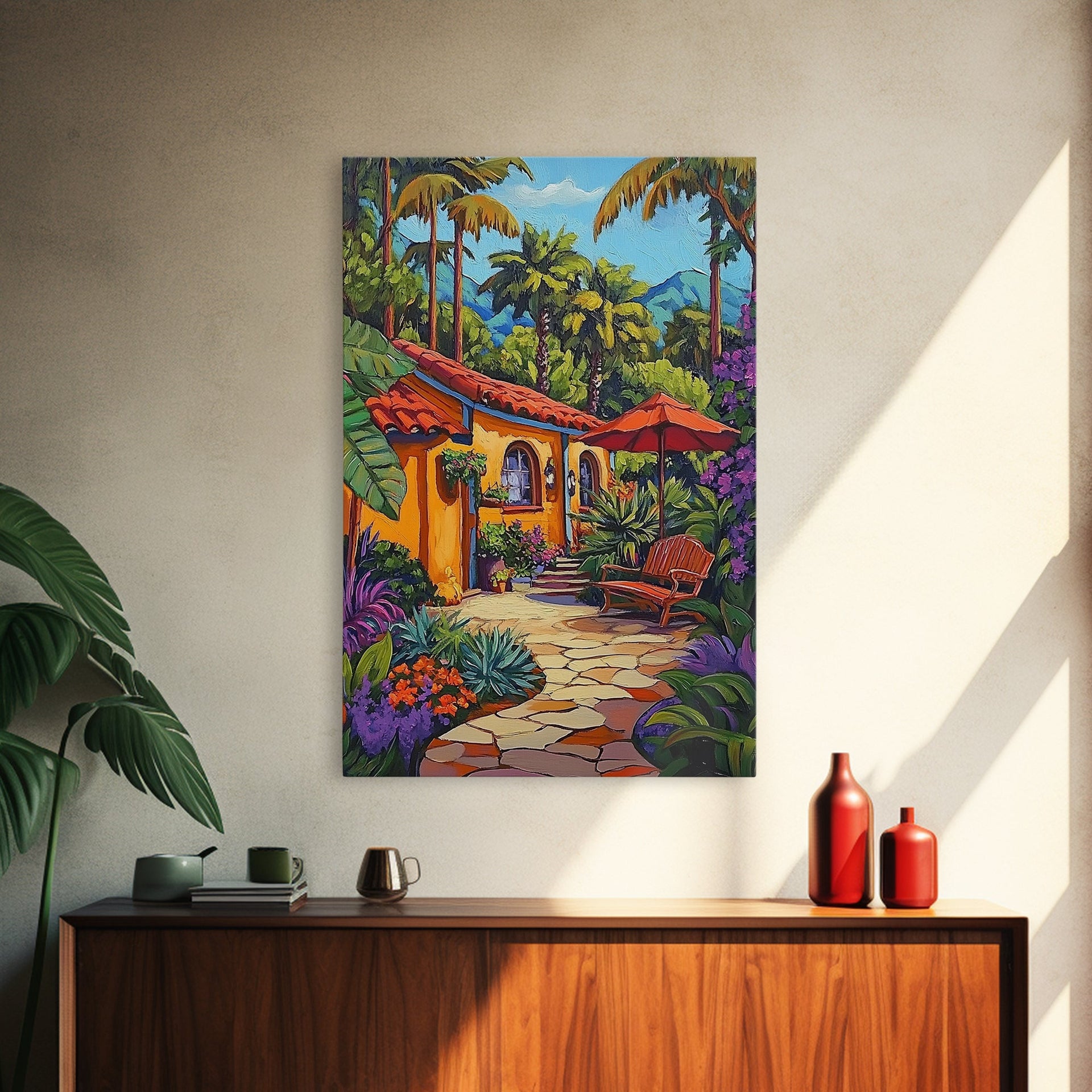 Tropical Courtyard, Retreat, Pathway, Framed Canvas Print, vibrant tropical patio scene, colorful garden art, Spanish boho home decor