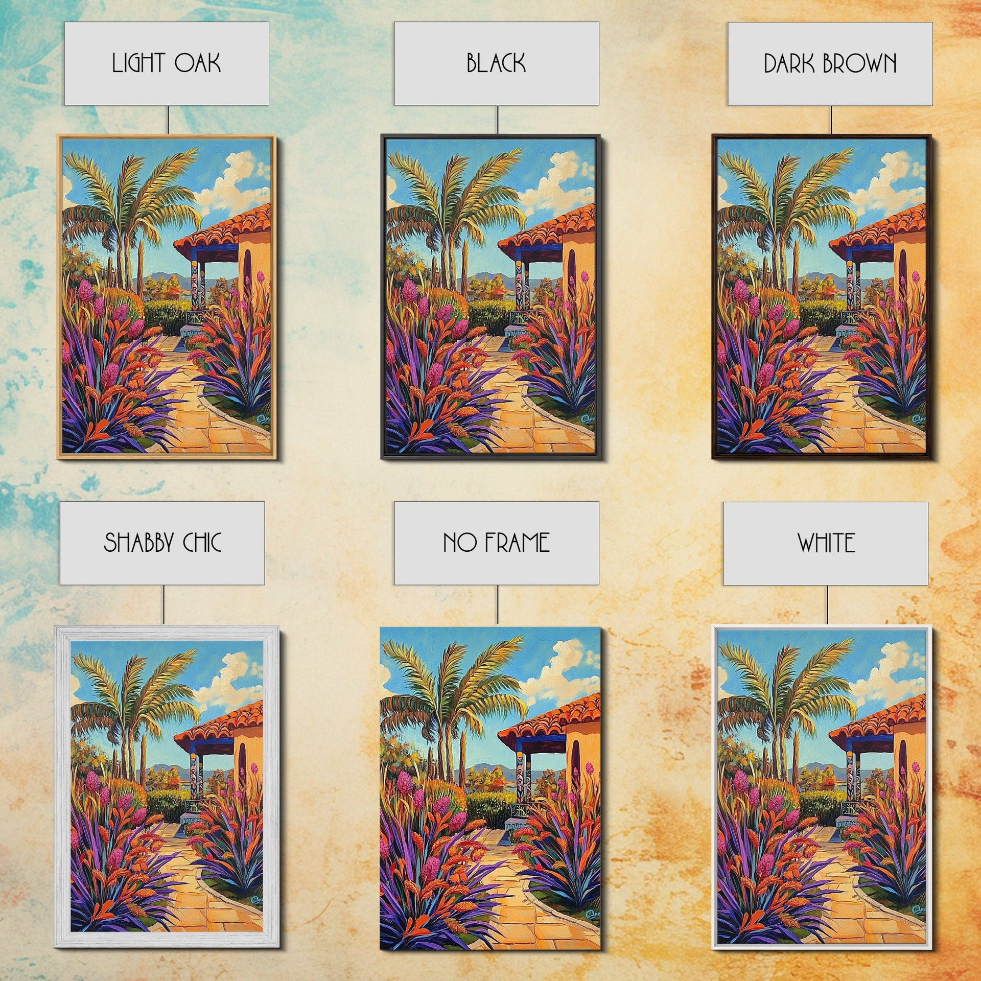 Tropical Path, Palm Trees, Garden Walkway, Vibrant Flora, Framed Canvas Print patio decor, vacation home wall art, coastal impressionist