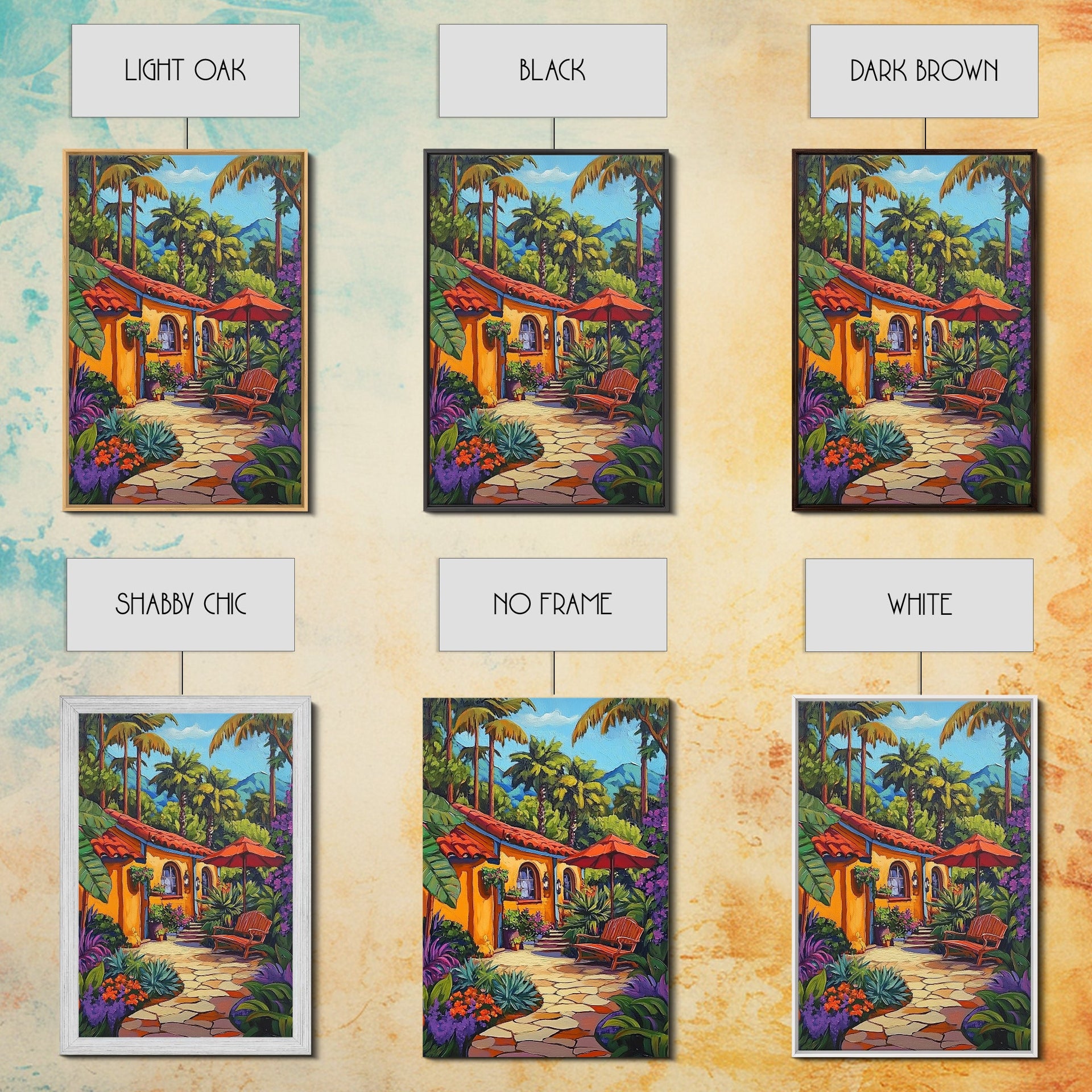 Tropical Courtyard, Retreat, Pathway, Framed Canvas Print, vibrant tropical patio scene, colorful garden art, Spanish boho home decor