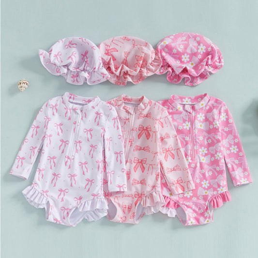 Girls' Fashion Bowknot Pattern One-piece With Hat