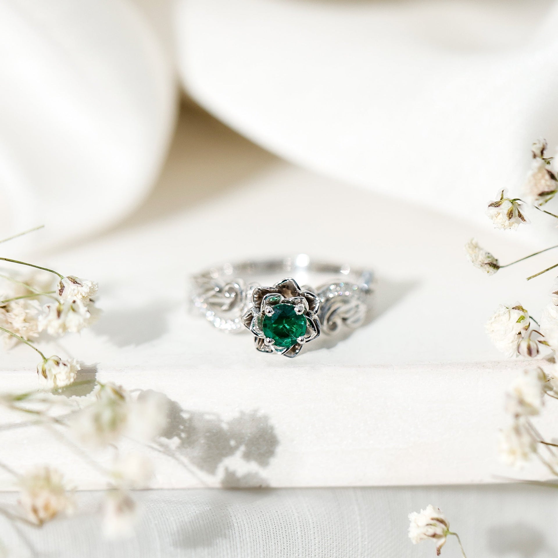 Lab Grown Emerald Flower Engagement Ring with Certificate