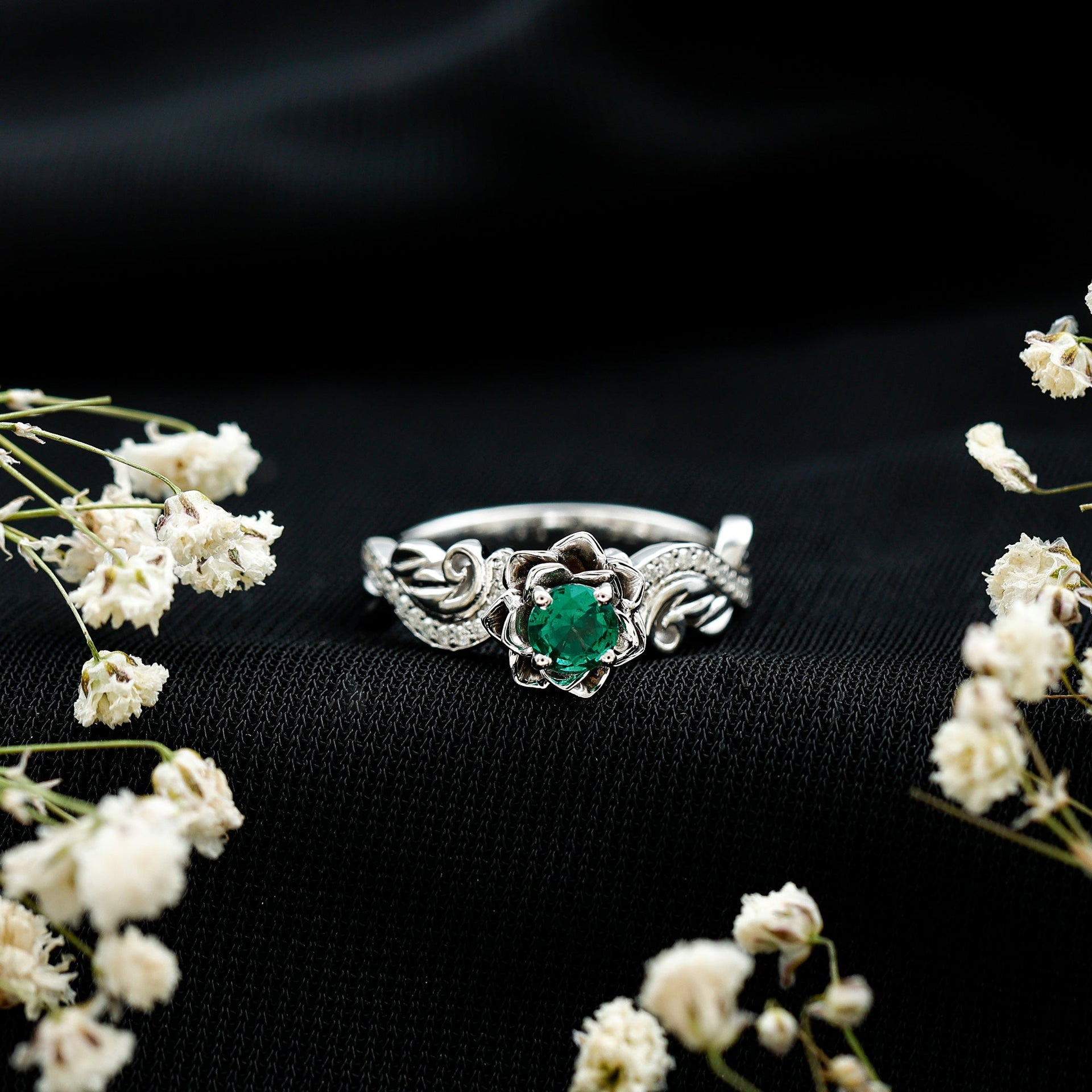 Lab Grown Emerald Flower Engagement Ring with Certificate