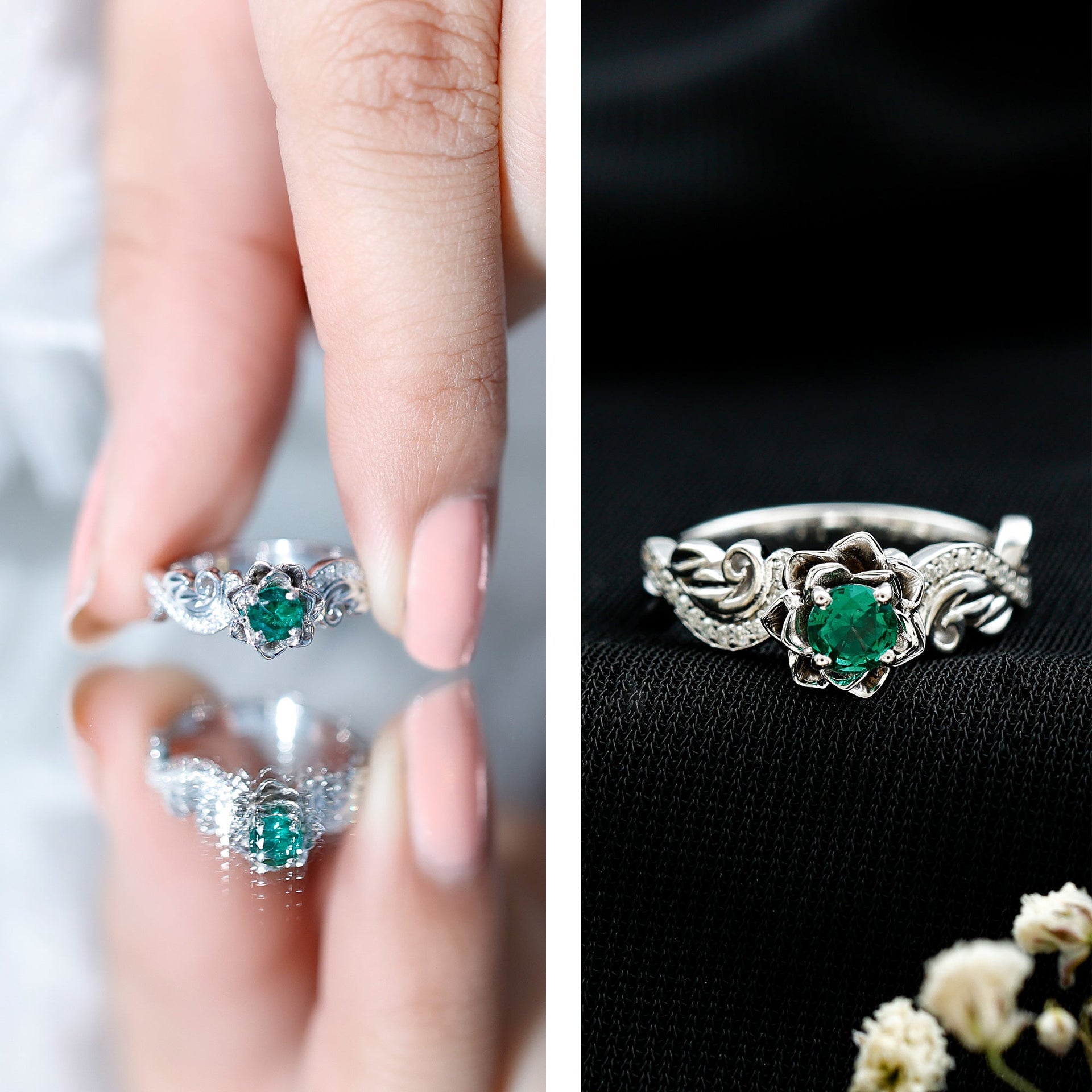 Lab Grown Emerald Flower Engagement Ring with Certificate