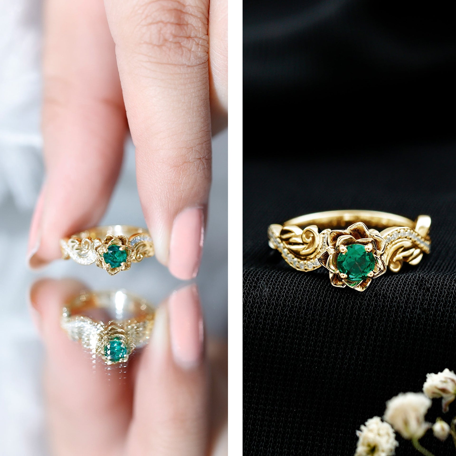 Lab Grown Emerald Flower Engagement Ring with Certificate