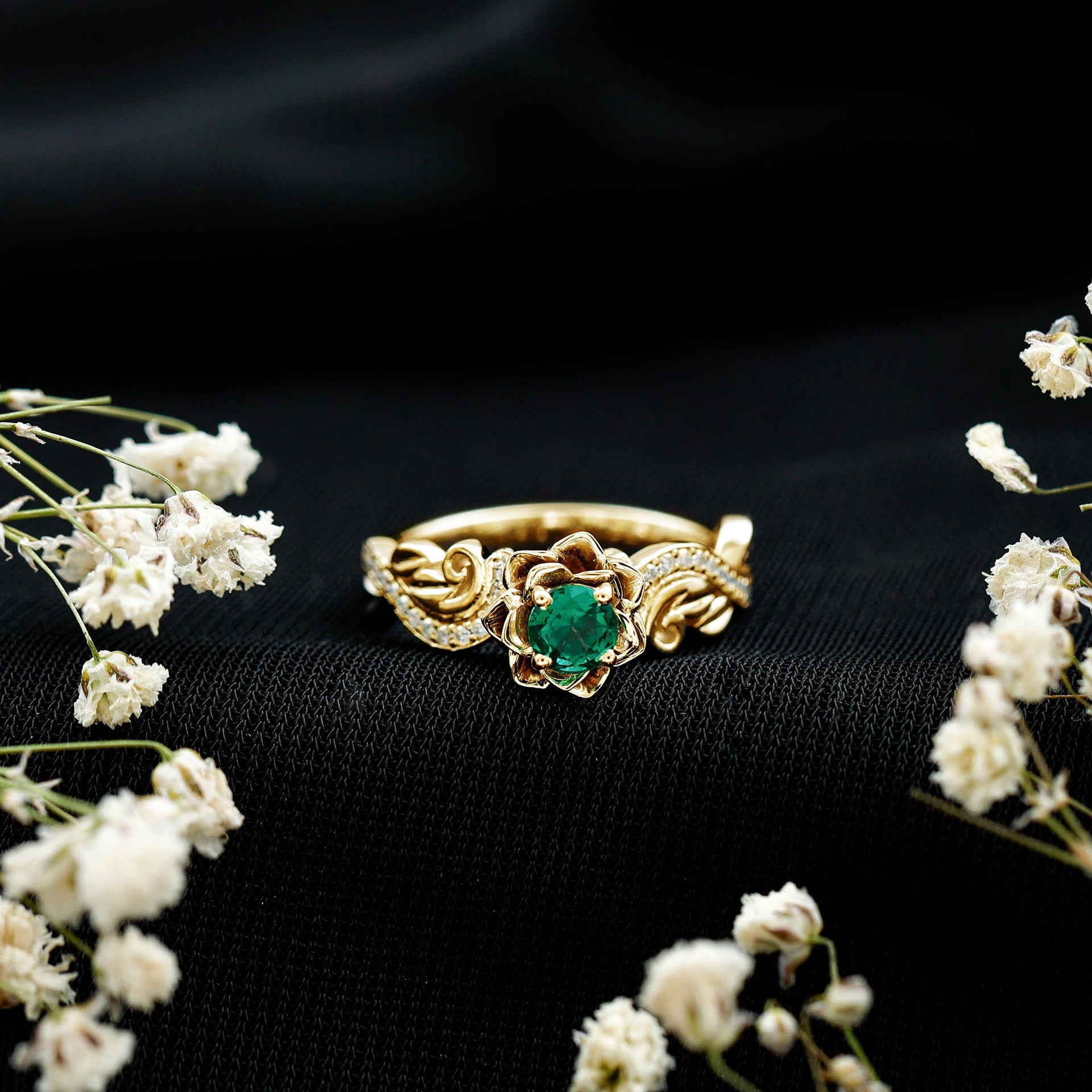 Lab Grown Emerald Flower Engagement Ring with Certificate