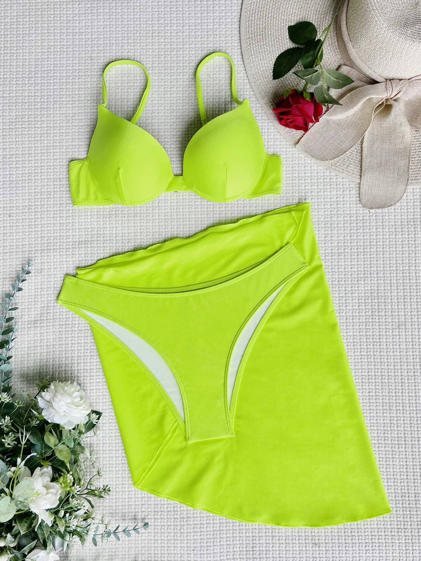 Women solid push up underwire three piece set