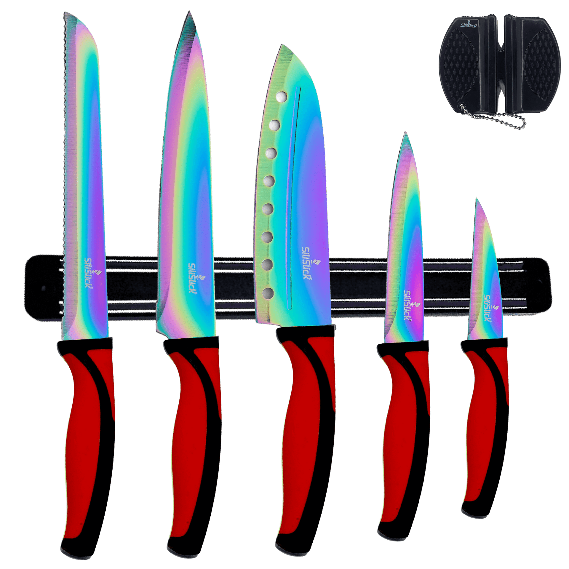 Kitchen Knife Set Kit | Red Handle & Black Magnetic Rack