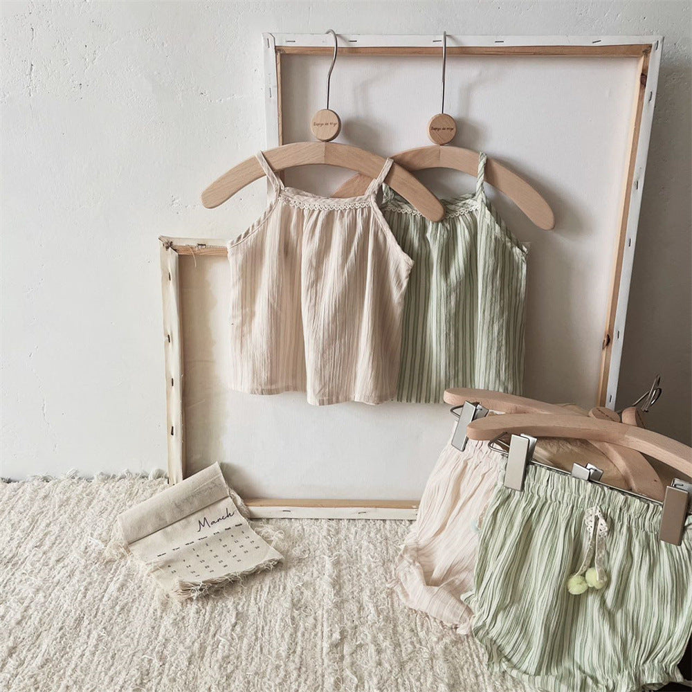 Striped Spaghetti Straps Shorts Suit Baby Girl Two-piece Suit Suit