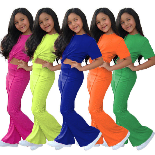 Girls' Short-sleeved Shirt Bell-bottom Pants Two-piece Set