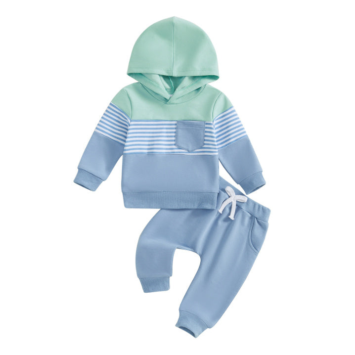 Casual Color Matching Hooded Long Sleeve Sweater Trousers Suit