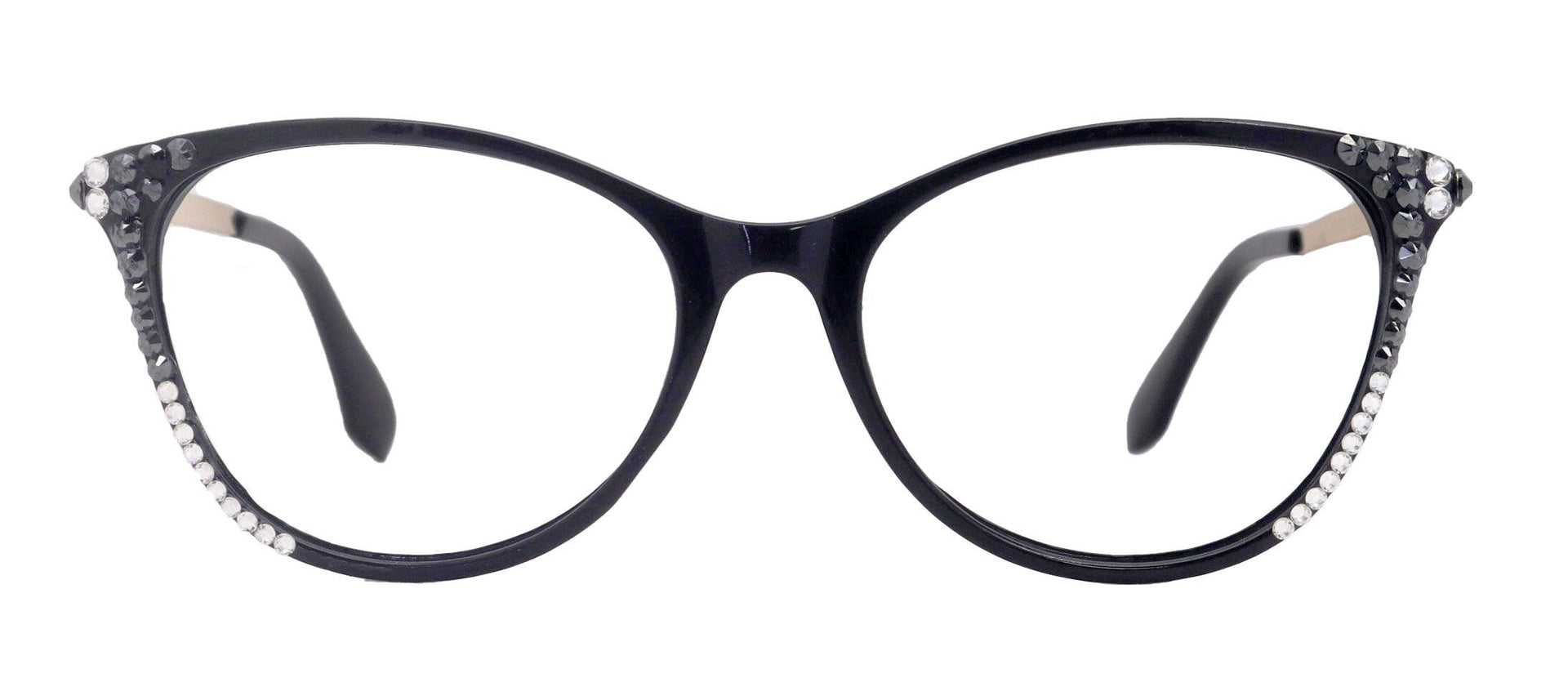 Cattitude Bling Reading Glasses 4 Women W Hematite N Clear Genuine European Crystals, 1.00 to 4.00 Magnifying Cat Eye  NY Fifth Avenue
