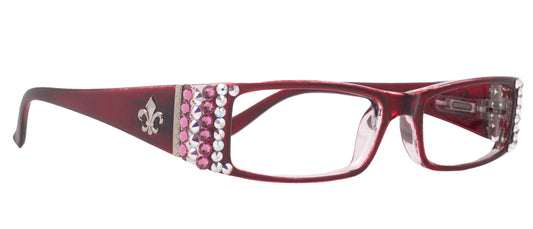 The French, (Bling) (Fleur De Lis) Women Reading Glasses W Genuine European  AB n Rose Crystals +1 .. +3 (Red) Frame, NY Fifth Avenue