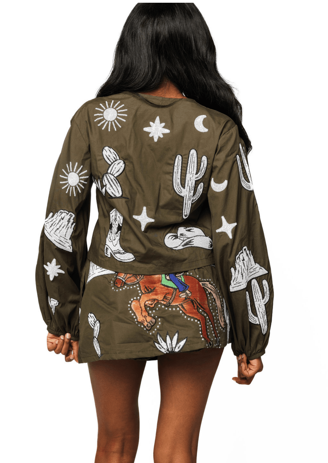 QOS Dark Green & Ivory Western Icon Bucking Cowgirl Skirt